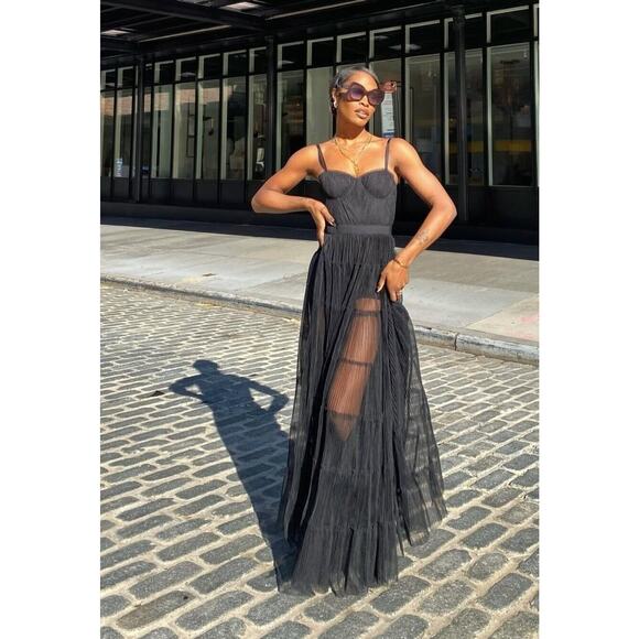 Alice + Olivia Deena Pleated Maxi Dress with Hot Pants Black Sz 6 Tulle Organza - Picture 5 of 13